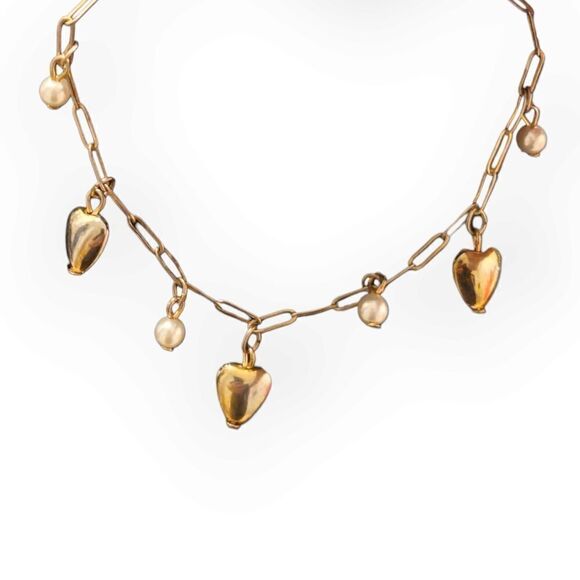 Mini Puffy Heart and Pearl Bead Dangle Link Bracelet - Picture 1 of 12